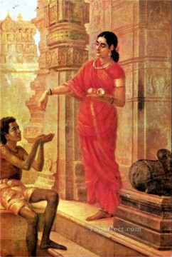 Ravi Varma Dama dando limosna en el templo Pinturas al óleo